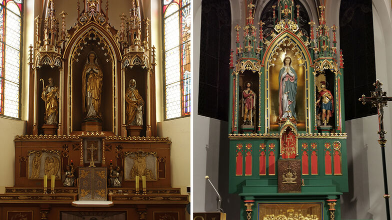 Der Altar im oberschlesischen Chronstau konnte mithilfe aus Glashütte restauriert werden. Er hat seine ursprüngliche Farbgebung (rechtes Foto) bekommen.