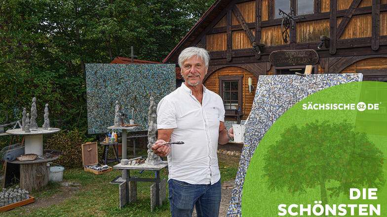 In seinem 1.100 Quadratmeter großen Garten am Bautzener Stadtrand schafft Tom Glöß Bilder und Skulpturen und stellt einen Teil davon auch dort aus.