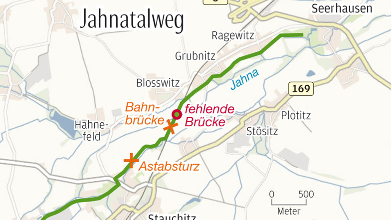 Die Route führt zwischen Seerhausen und Stauchitz an Bäumen entlang.