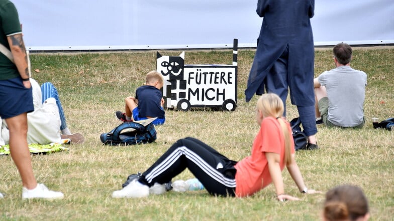 Entspannt sitzen Besucherinnen und Besucher der "Karierten Katze" auf dem Rasen und genießen das Programm.