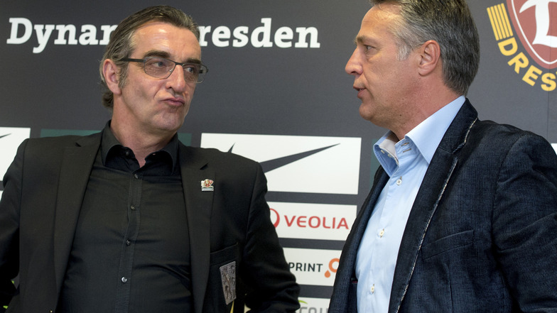 Sportdirektor Ralf Minge (l.) hat Uwe Neuhaus im Frühjahr 2014 zu Dynamo geholt. 