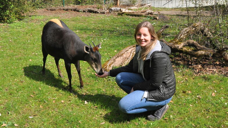 Janina Kraemer mit einem Gelbrückenducker im Zoo Frankfurt. Die gebürtige Koblenzerin wird im Mai die Leitung des Riesaer Tierparks übernehmen.