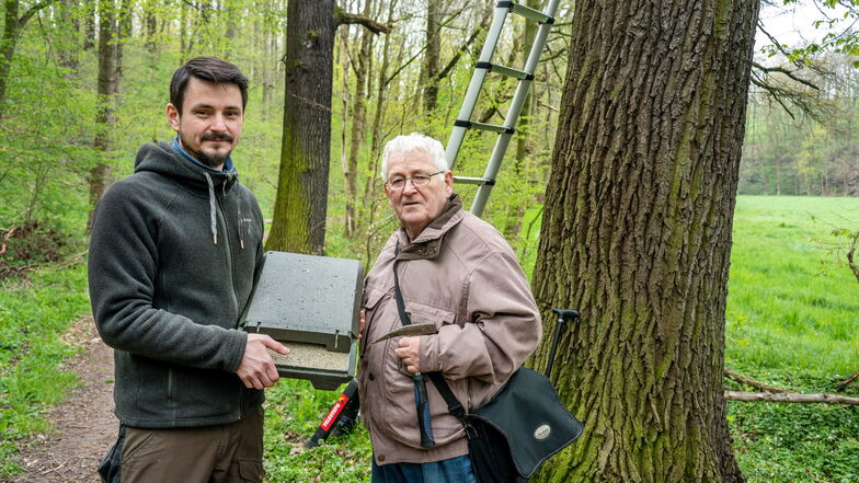 Fledermausmarkierer Marco Roßner (links) zeigt Rainer Krumbiegel, dem Gebietsbeauftragten für das Naturschutzgebiet Gicksteich bei Leisnig, einen Holzbeton-Fledermauskasten.