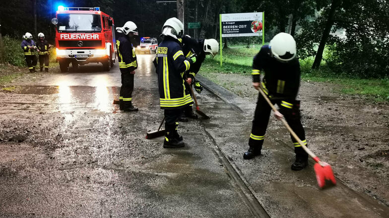 Schlamm im Kirnitzschtal, die Bahn und Autos wurden ausgebremst, Feuerwehrleute mussten Straße und Gleise reinigen.