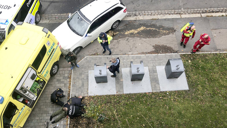 olizisten halten einen Mann am Boden fest, neben einem nach einem Unfall beschädigten Krankenwagen.