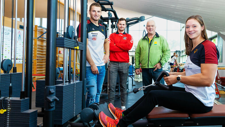 Ein starkes Team in Sachsen: Olympiasieger Tom Liebscher (l.), Steffi Kriegerstein, Jonas Draeger und der zum Landestrainer aufgestiegene Jens Kühn (2. v. r.) bereiten sich in Dresden auf Olympia 2021 vor.