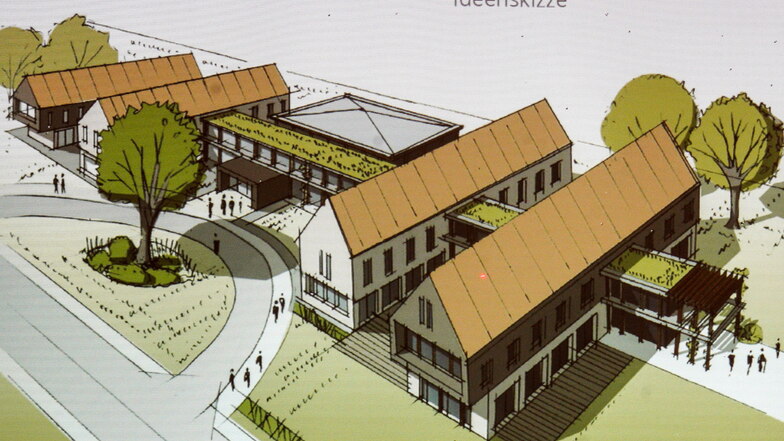 Eine Ideenskizze des Planungsbüros Schubert aus Radeberg zeigt, wie der Seniorenpark am Schloss in Gaußig mal aussehen könnte. Dabei handelt es sich um eine erste Machbarkeitsstudie.
