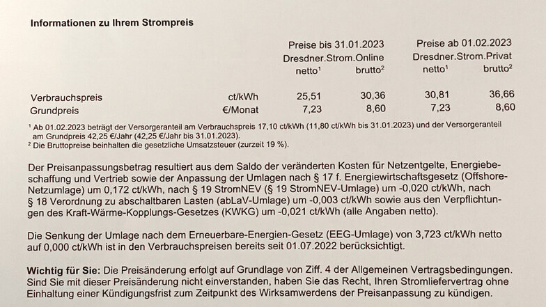 Ausriss aus dem Preiserhöhungsschreiben der Sachsen Energie an Kunden im Tarif "Dresdner Strom Online".
