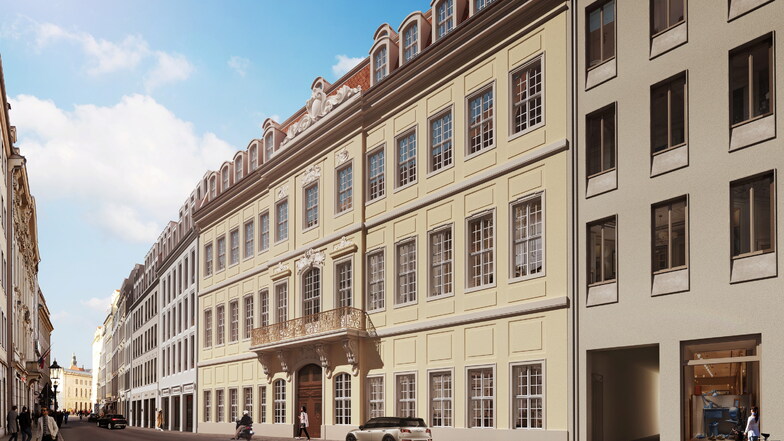 Diese Visualisierung zeigt, wie die Fassaden an der Landhausstraße aussehen werden. Auch einen historischen goldenen Balkon wird es geben.