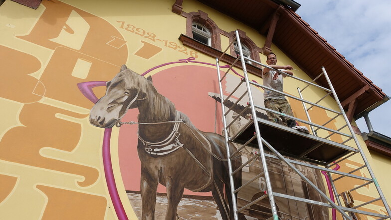 Der Döbelner Graffiti-Künstler Frank Schäfer hat sein Monumentalbild am Pferdebahnmuseum vollendet.