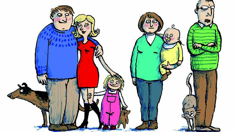 Anke Kuhl illustrierte das Buch „Alles Familie“. Es erzählt vom Kind der neuen Freundin, vom Bruder, von Papas früherer Frau und anderen Verwandten.