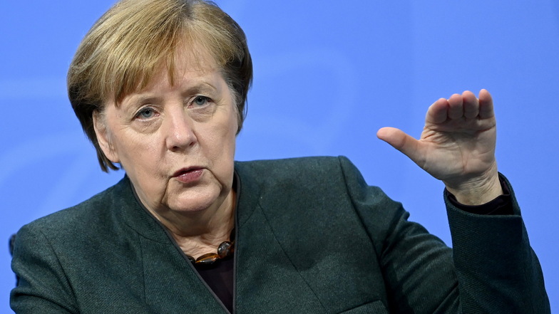 Bundeskanzlerin Angela Merkel (CDU) spricht während der Pressekonferenz im Bundeskanzleramt zu den Ergebnissen der Bund-Länder-Beratungen zu den weiteren Corona-Maßnahmen.
