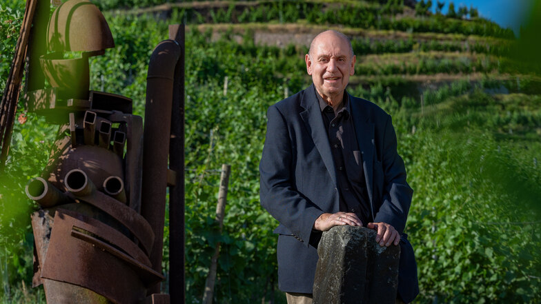 Rainer Beck in seinem Weinberg in Radebeul. Neben ihm eine Stahlskulptur von David Lee Thompson (USA).