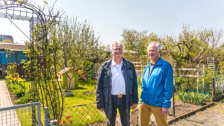 Spartenchef Jens Dietrich (r.) und Dietmar Friesecke vom Verband der Gartenfreunde Riesa vor einem der mehr als 60 Gärten in der Sparte Rostocker Straße 1: Die Anlage hat sich zuletzt verjüngt, der Leerstand ist gering.