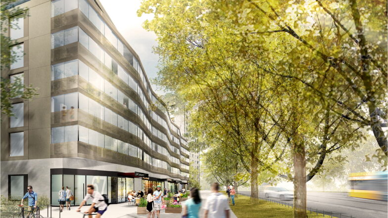 Im Sommer 2023 soll der Neubau der Wohnungsgenossenschaft Johannstadt mit der wellenförmigen Fassade auf der Fetscherstraße fertig sein.