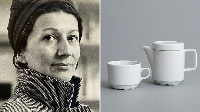Die Gestalterin Margarete Jahny in den 60er-Jahren. Kanne und Tasse aus der Serie „rationell“, genannt Mitropa-Geschirr.