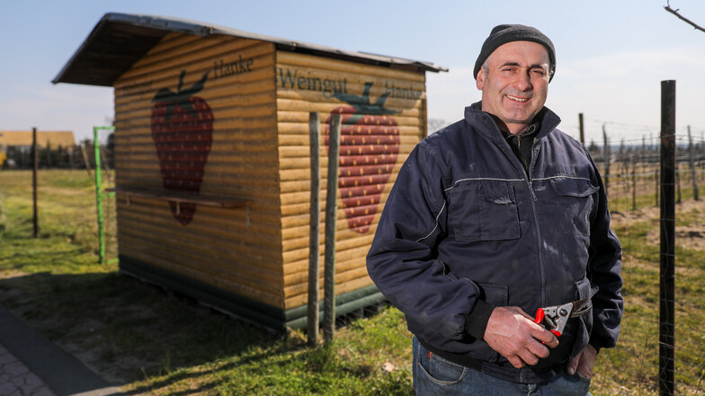 Wein- und Obstbauer Frank Hanke steht vor einer geschlossenen Verkaufsbude. Franke baut unter anderem Erdbeeren der Sorte "Korona" an. 