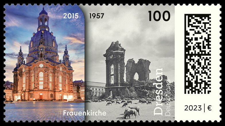 Die Briefmarke „Dresden“ hat eine Auflage von 2,7 Millionen Stück - und ist eine Kandidatin bei der Wahl von Deutschlands schönster Briefmarke 2023.