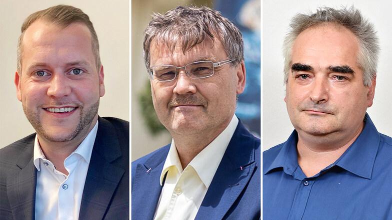 Diese drei Männer wollen Bürgermeister in Glashütte werden: Sven Gleißberg (parteilos für die CDU), Steffen Barthel (Freie Wähler Johnsbach) und Tilo Bretschneider (AfD) (von links).