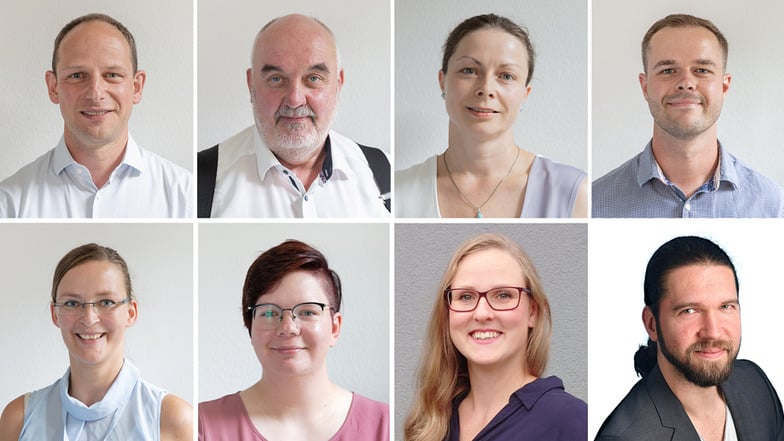 Die Direktkandidaten: (von oben l. nach unten r.): Thomas Haink, Timo Schreyer, Kathleen Liebschner, Alex Scholze, Maria Untch, Lydia Berger, Kristin Schiewart und Marcel Linack.