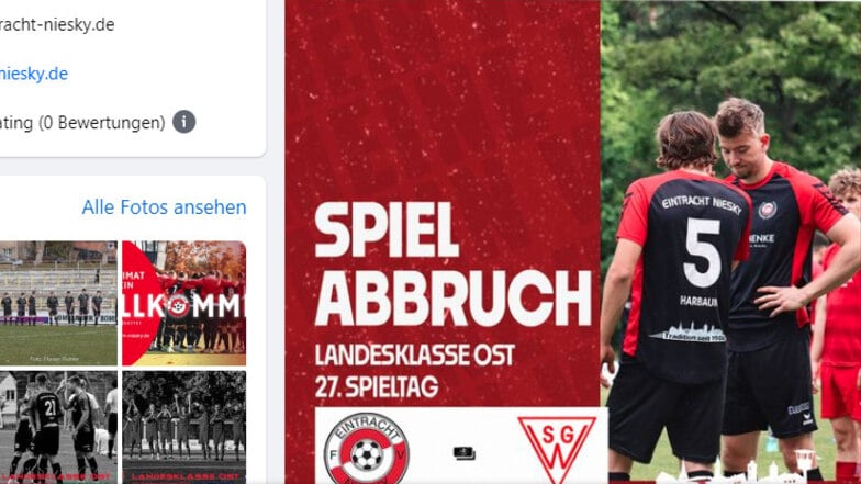 Am Samstagabend berichtete Eintracht Niesky auf seiner Facebookseite vom Abbruch der Partie gegen Weixdorf.