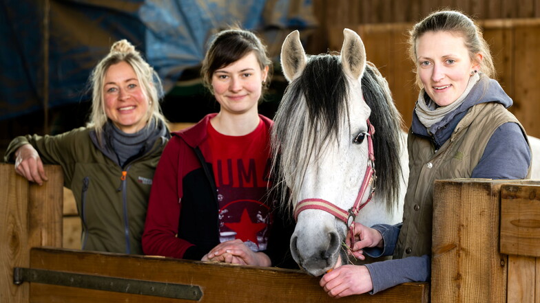 Sybille Schön (links) ist die neue Chefin des Reiterhofs Hultsch in Neukirch. Emilie Heber und Lisa Seidel (mit Pferd Tito) bilden den neuen Vorstand des Reit- und Fahrvereins „Am Valtenberg".