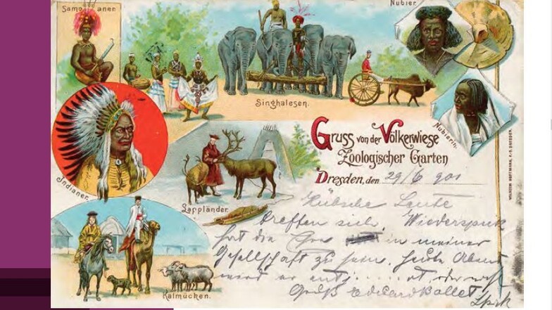 Postkarte von 1901: "Gruß von der Völkerwiese - Zoologischer Garten Dresden".