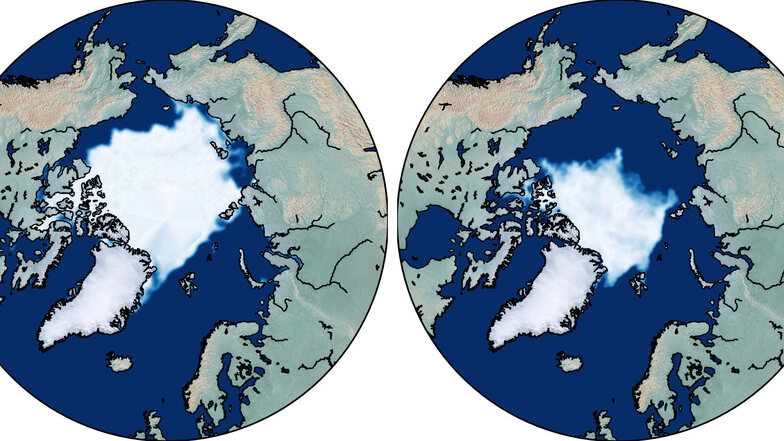 Diese grafische Darstellung zeigt die Meereisfläche in der Arktis zum Ende des arktischen Sommers im September 1979 (l) und ein entsprechendes Bild zeigt die geschrumpfte Meereisfläche in der Arktis im September 2019 (r).