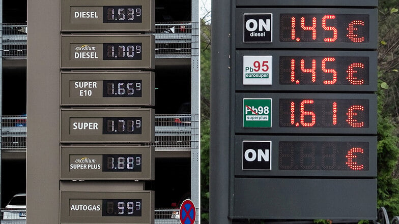 Rechts die Preise an der Tankstelle Stadtbrücke in Zgorzelec, links die an der Bahnhofstraße in Görlitz.