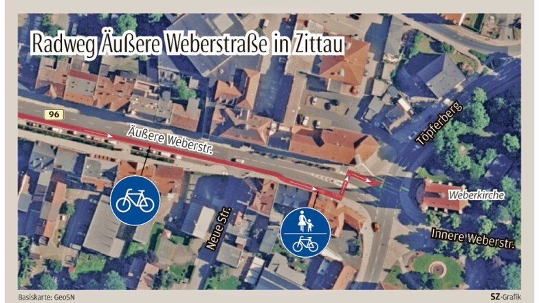 So wird der Radweg entlang der Äußeren Weberstraße in Zittau geführt.