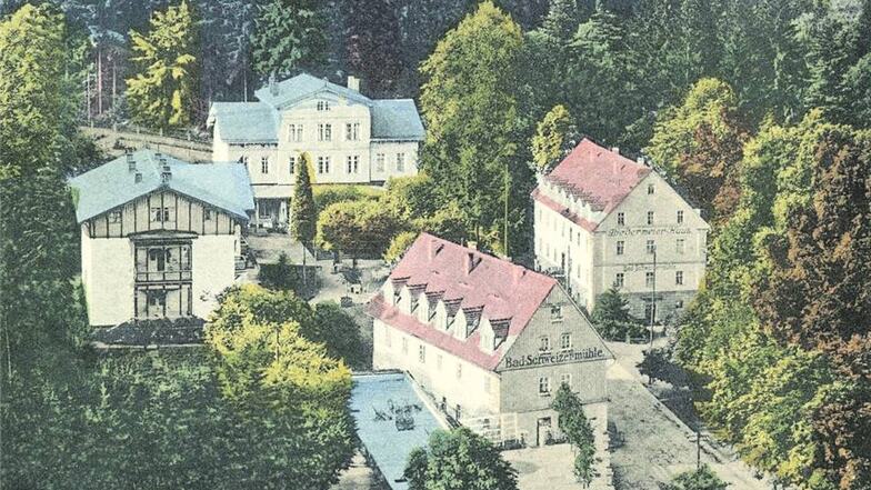 Diese undatierte Postkarte zeigt das Areal der Schweizermühle, als alle Gebäude noch intakt waren.Repro: SZ / Quelle: Hans-Martin Henkel