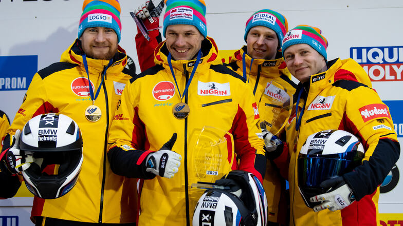 Ein starkes Team: Bob-Pilot Francesco Friedrich (v. r.) mit seinen Anschiebern Alexander Schüller, Candy Bauer und Martin Grothkopp.