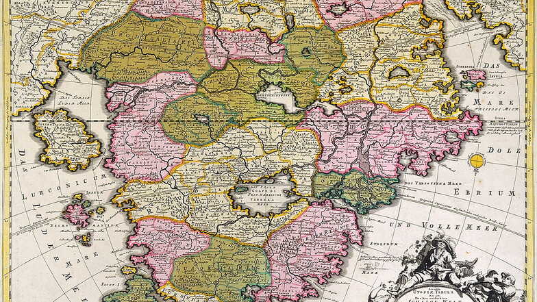Das ist die Karte Schlaraffenland, die in der Ausstellung zum Essen und Trinken in Görlitz im Kaisertrutz gezeigt wird.