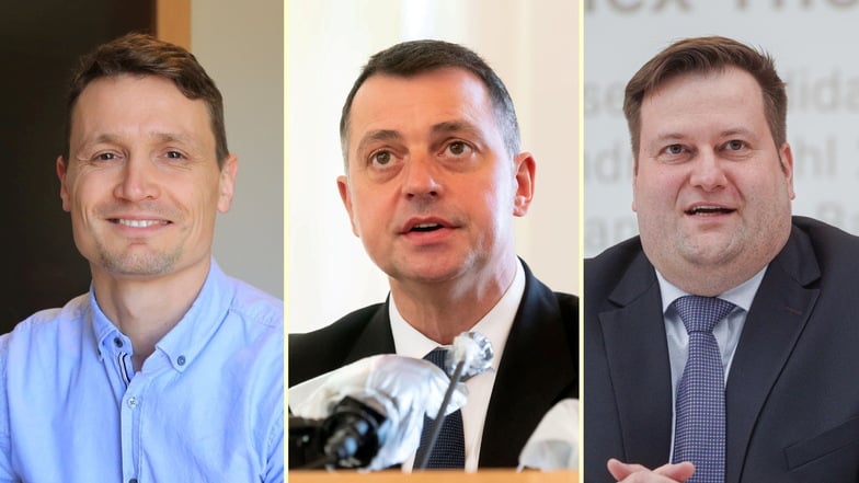 Tobias Jantsch (Einzelkandidat), Udo Witschas (CDU) und Alex Theile (Die Linke, SPD und Bündnis 90/Die Grünen; v. l.) sind die bisherigen Bewerber für die Landratswahl im Kreis Bautzen.