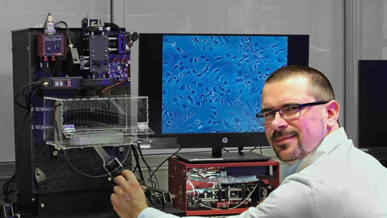 Die neue Weißlichtlaser-Quelle ermöglicht es Wissenschaftler Tobias Baselt, Zellveränderungen in Echtzeit zu erfassen.