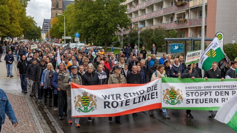 Im Landkreis Zwickau hat die rechtsextreme Partei "Freie Sachsen" Zulauf. Das Bild zeigt eine Demo gegen die Energiepolitik mit mehr als 1.500 Mitläufern.