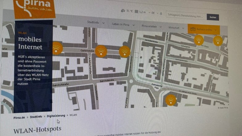 Übersicht auf der Pirnaer Internetseite: An sieben öffentlichen städtischen Hotspots kann man kostenlos im Internet surfen.