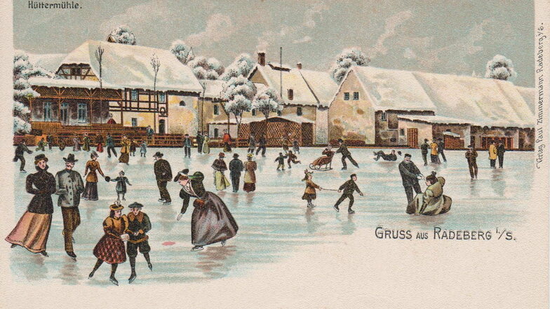 Der Fischteich vor der Hüttermühle wurde um das Jahr 1900 eifrig zum Schlittschuhlauf genutzt, wie diese historische Postkarte aus der Sammlung Schloss Klippenstein zeigt.