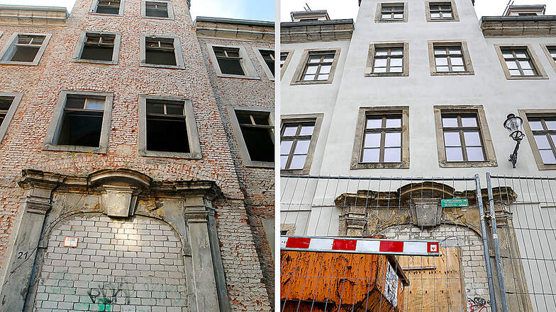 Vor und nach der Außensanierung des Bürgermeisterhauses in Zittau.