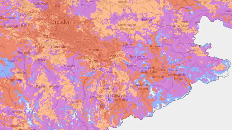 Netzkarte von Vodafone. Gebiete mit 5G sind rot eingefärbt, die Mischform 5G DDS in Orange, 4G ist violett, 2G ist blau und Mobilfunklöcher sind weiß.