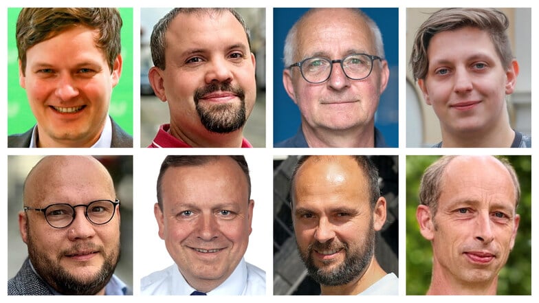 V. l. o. n. r. u.: Conrad Clemens (CDU), Ferdinand Lorenz (Die Linke), Thomas Pilz (Grüne), Andreas Wünsche (SPD), Toralf Einsle (FDP), Roland Schedler (Freie Wähler) Stefan Heinke (dieBasis), Carsten Berg (BSW).