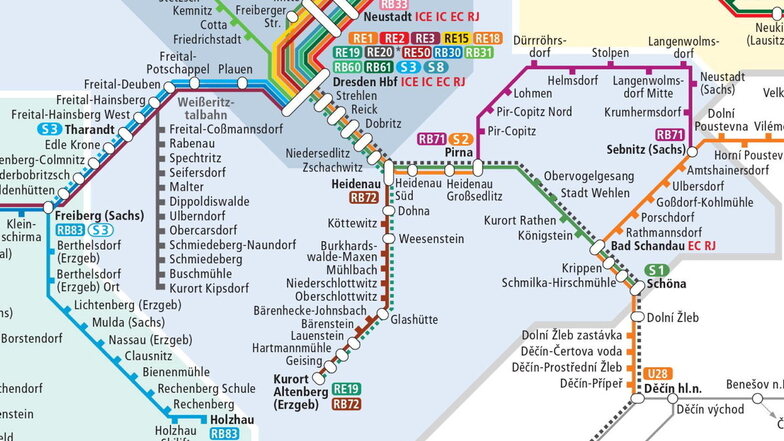 Dieser Kartenausschnitt zeigt das Schienennetz im Landkreis Sächsische Schweiz-Osterzgebirge.
