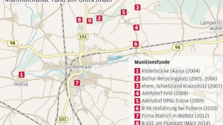 Seit 2004 wurde an neun verschiedenen Orten rund um Großenhain Weltkriegsmunition gefunden.