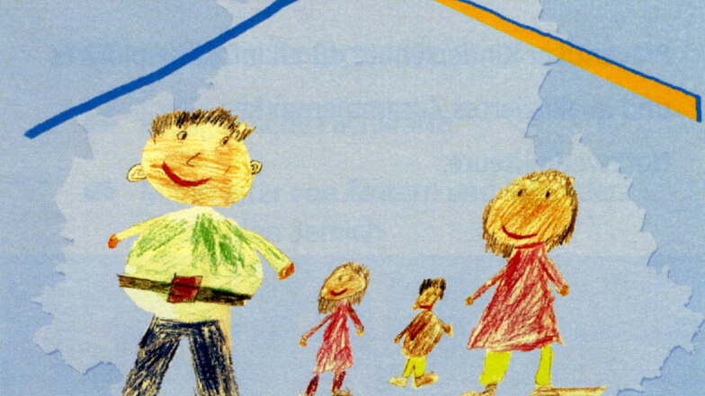 Der elfjährige Maximilien Nguyen hat diese intakte Familie gemalt. Die Zeichnung fungiert mit Dach und Kreisumriss auch als Logo des Netzwerkes für präventiven Kinderschutz im Landkreis Bautzen.