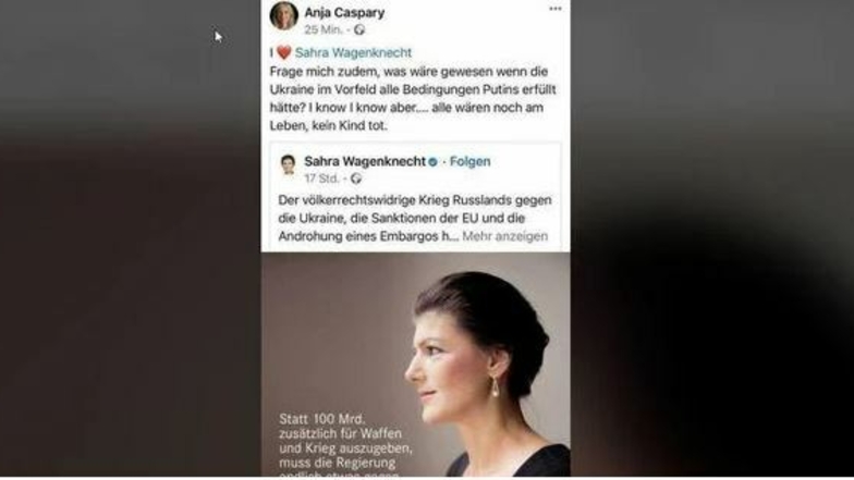 Anja Caspary applaudiert Sahra Wagenknecht und empfiehlt der Ukraine die Unterwerfung unter Putins Willen.