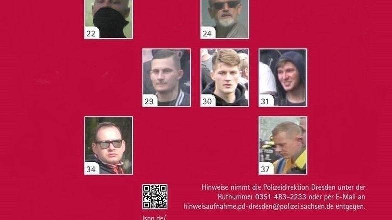 Polizei und Staatsanwaltschaft fahnden nach 20 weiteren Männern, die bei der Aufstiegsfeier von Dynamo Dresden Mitte Mai randaliert haben sollen. 13 konnten mittlerweile identifiziert werden. Ihre Bilder werden daher nicht mehr gezeigt.