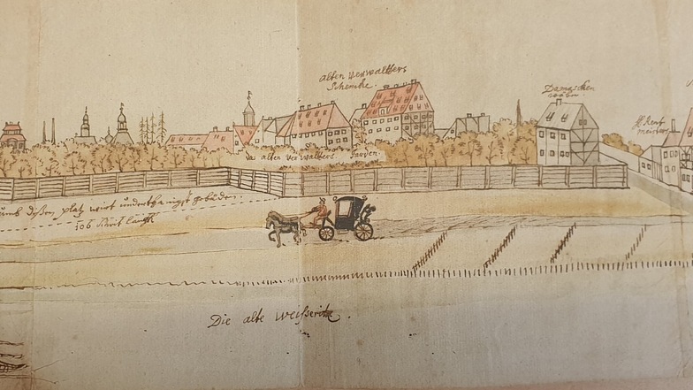 Diese historische Ansicht der Friedrichstadt (ein Ausschnitt) hat Z. aus dem Archiv gestohlen. Ihn interessierte ganz rechts das Gartenhaus von Martin Z.