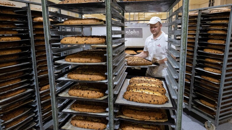 In der Backstube der Annaberger Backwaren nimmt Ronny Pöttrich Bleche einige der ersten Weihnachtsstollen aus dem Ofen.