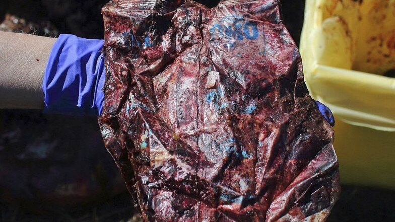 Ein Mann zeigt das Plastik, das aus dem Bauch eines toten Wals gefunden wurde.