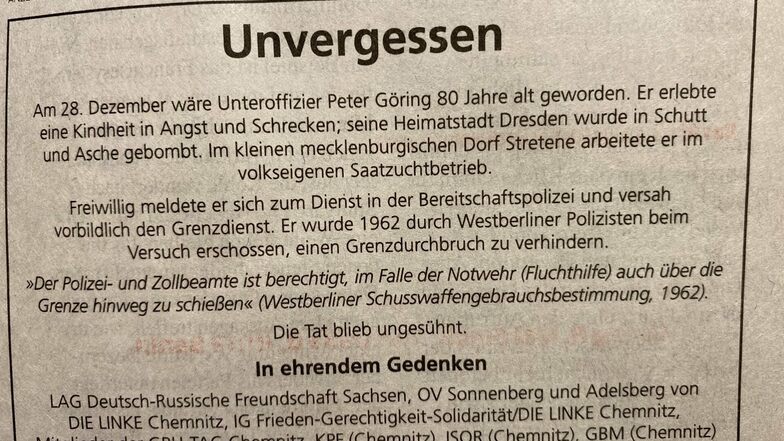 Diese Gedenkanzeige war offenbar ohne Absprache mit dem Vorstand der Chemnitzer Linken in der Jungen Welt gelandet.